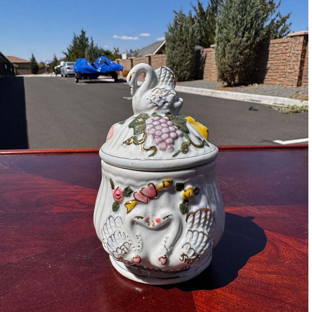 vintage ceramic hand painted swan canister lidded candy jar 80s cottage coquette